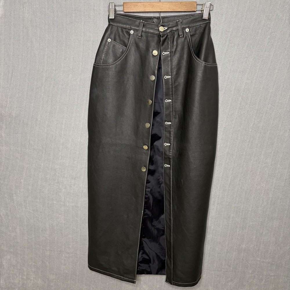 Women's SZ 4 Long Faux Leather Maxi Skirt Button Front Whimsy Goth Baddie Grunge